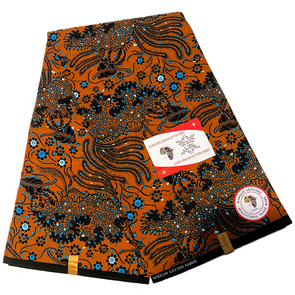 Premium Cotton Kitenge fabric featuring blue and black floral patterns on an orange background, crafted with durable African cotton.