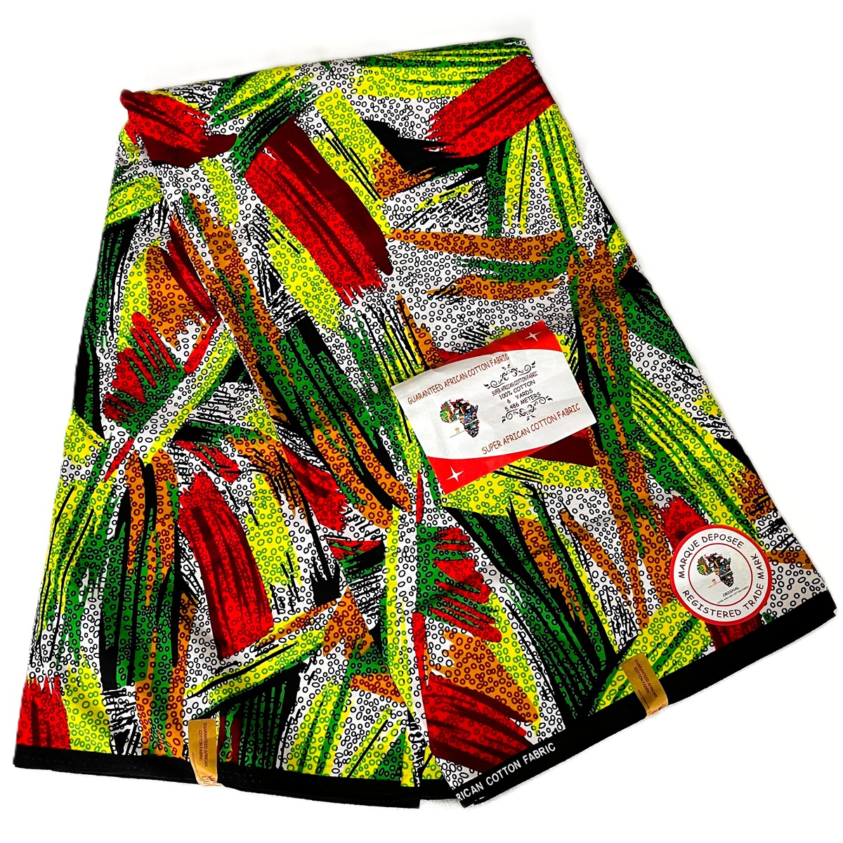 Premium Cotton Kitenge fabric featuring abstract patterns in vibrant red, yellow, green, and black, crafted with durable wax print cotton.