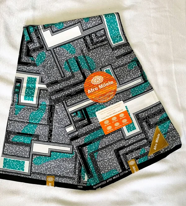 Premium Ankara/Kitenge fabric with bold geometric patterns in shades of black, white, gray, and teal, on a durable cotton base.