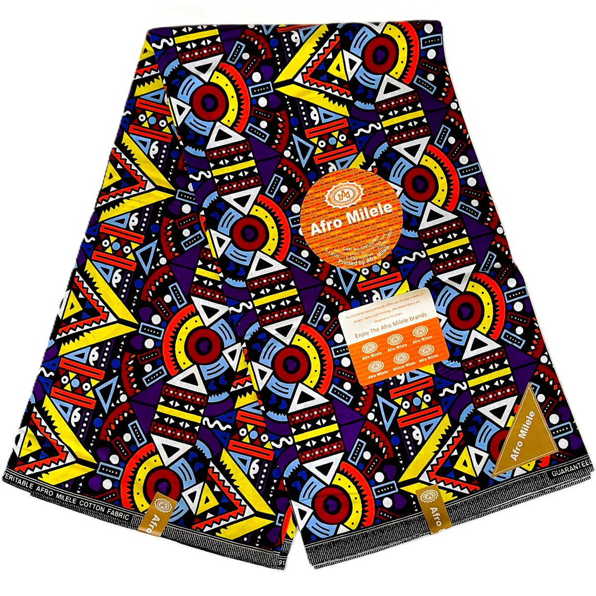 Premium Cotton Kitenge fabric featuring geometric patterns in yellow, red, blue, and black on a dark background, crafted with durable African cotton.