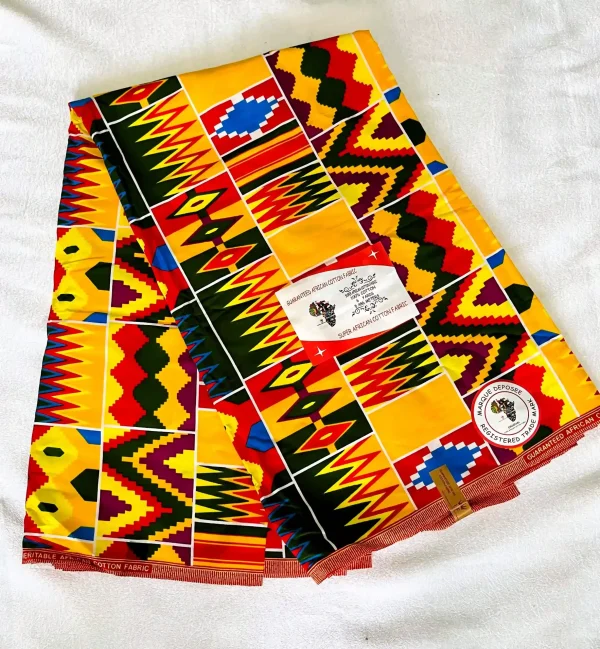 Premium Ankara/Kitenge fabric featuring bold geometric patterns in yellow, red, green, blue, and white on a black background.