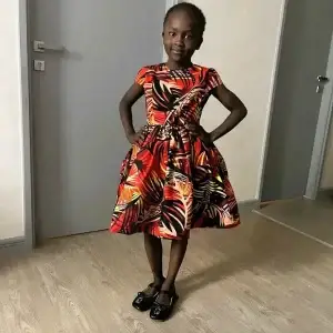Colorful short sleeve dress with red, orange, yellow, and black leaf designs. High-quality, durable, and custom made.