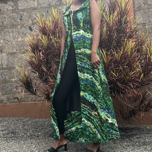 Green & black patterned sleeveless dress made with high-quality Kitenge fabric, featuring a stylish front slit. Durable & unique design.