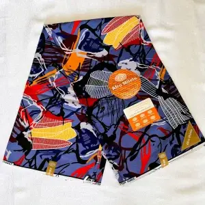 Premium Cotton Kitenge fabric featuring bold abstract patterns in blue, red, yellow, black, and white on a sleek dark backdrop, crafted from durable African cotton.