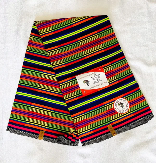 Premium Cotton Kitenge fabric featuring bold horizontal stripes in red, orange, yellow, green, blue, and black, crafted from durable African cotton with authentic branding labels.