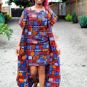 Vibrant Kitenge short dress with geometric patterns in red, blue, orange, and black, paired with a matching long outer garment.