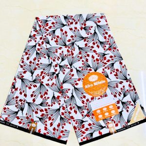 Premium Cotton Kitenge fabric featuring black and red floral patterns on a white background, crafted from durable African cotton.